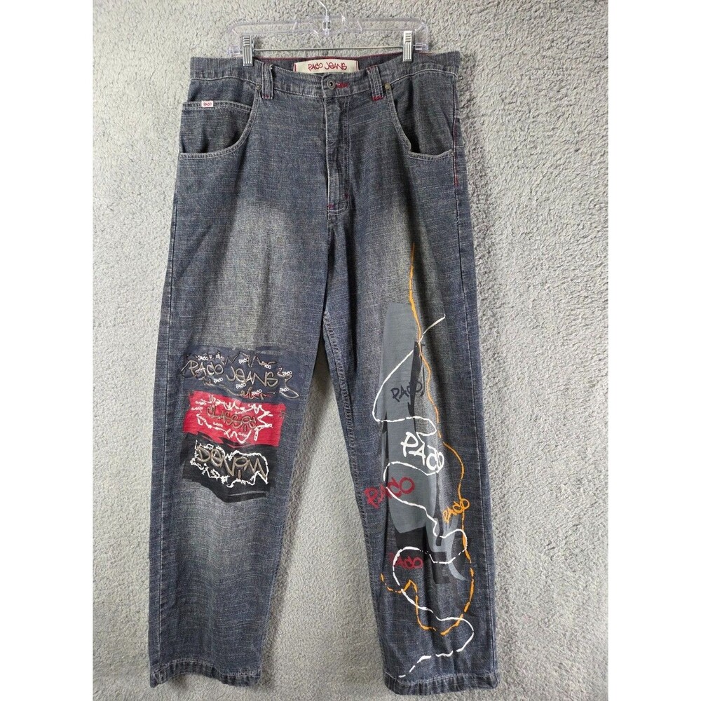 Vtg Y2k Paco Jeans Mens 38x33 Blue Graphic Art Denim Baggy‎ 90's Hip Hop Grunge